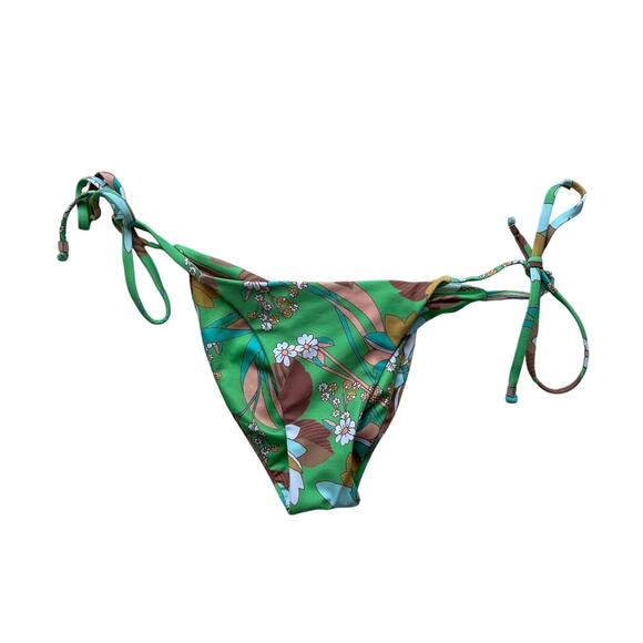 P2F Green Retro Floral Ruched String Tie Bikini Bottoms Size Small - Picture 1 of 7